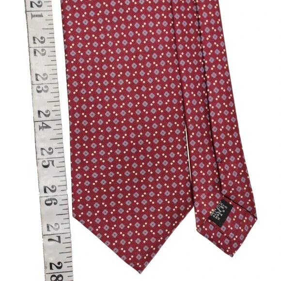 Drake's NWT Neck Tie in Red w/ Light Blue & White Geometric Pattern 100% Silk